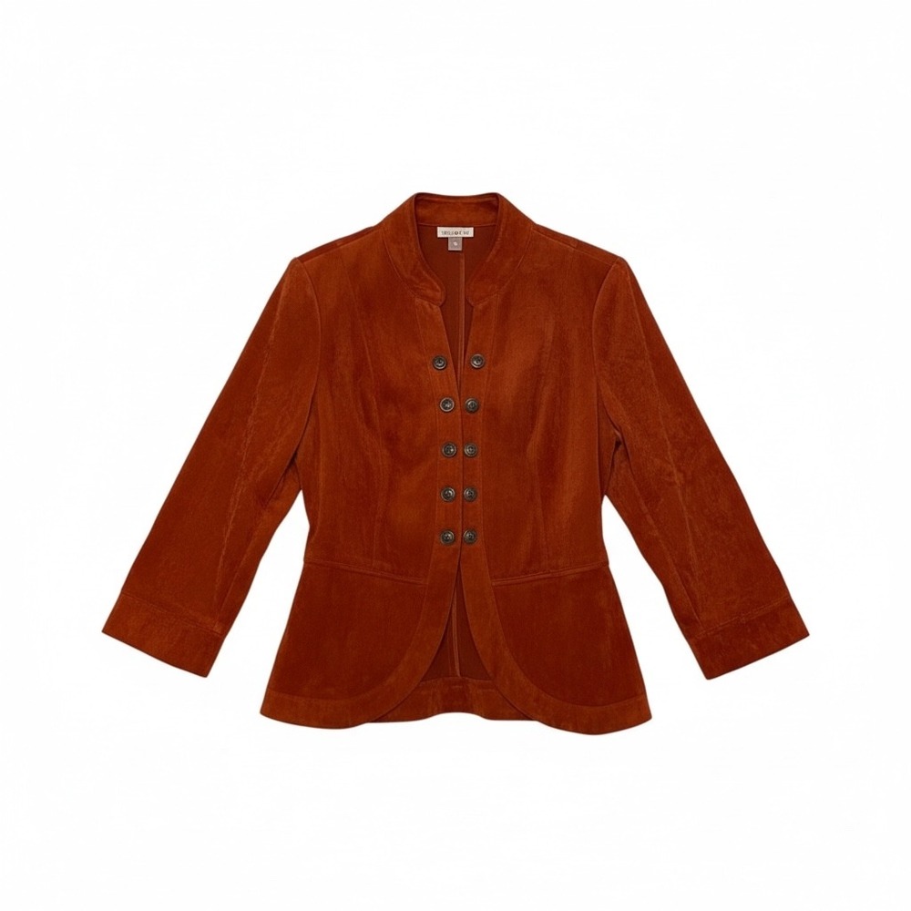 Women's Velveteen Rust Orange Military Jacket M Heritage Boho Retro Old Money